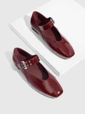 burgundy patent leather mary jane flats – square toe, low heel, adjustable buckle strap, elegant women’s shoes