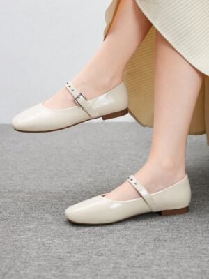 women's commuter leather buckle apricot ballet flats