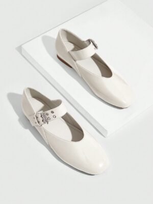 women's white mary jane buckle ballet flats classic round toe buckle shoes, vintage style vegan leather