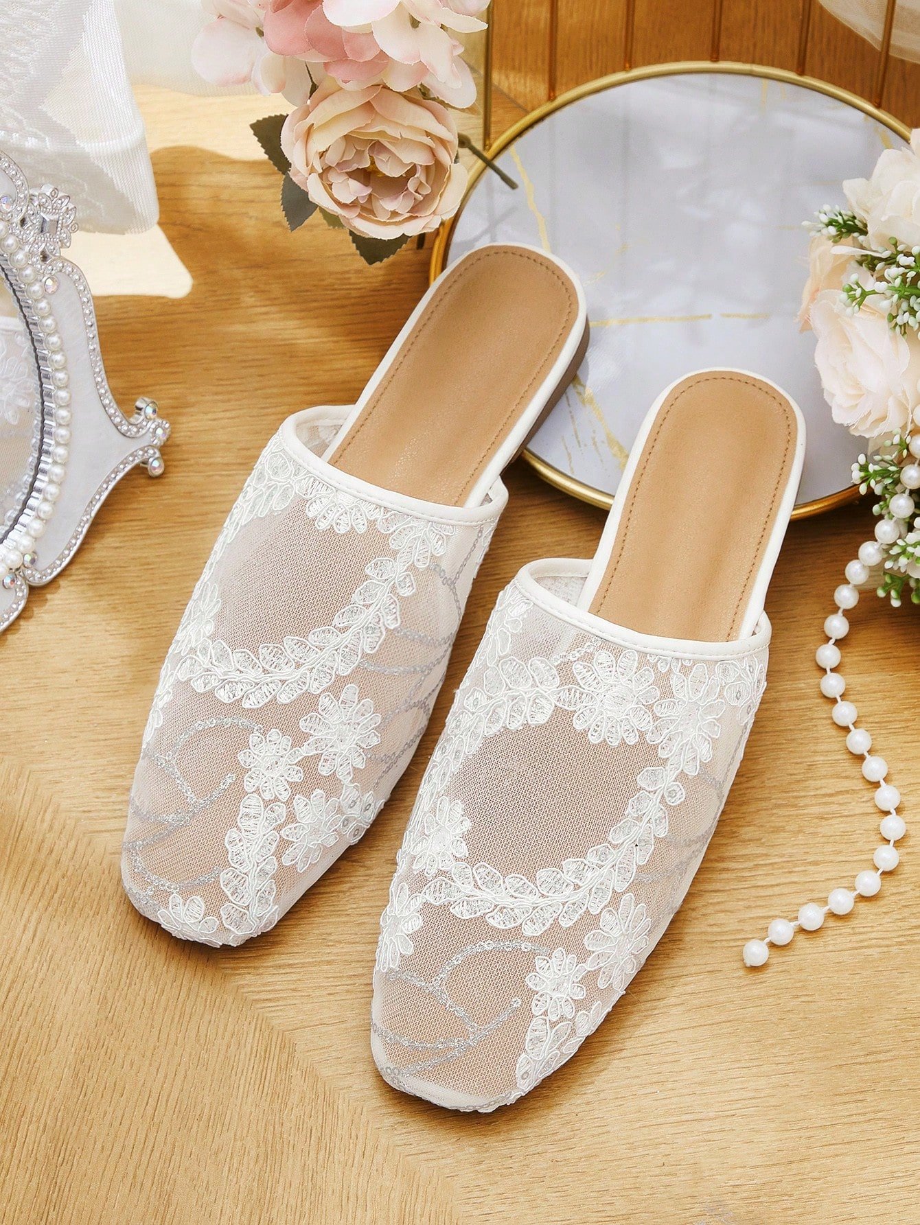 elegant lace mesh mule flats – bridal & evening slip on shoes for women elegant lace mesh mule flats – bridal & evening slip on shoes for women