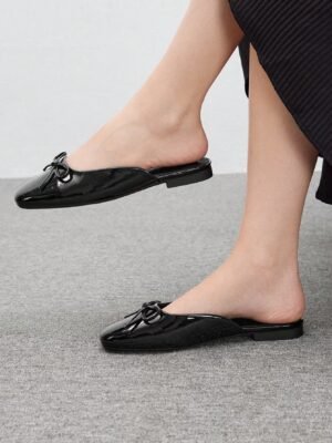 women’s black patent leather bow mules – elegant slip on shoes with low heel