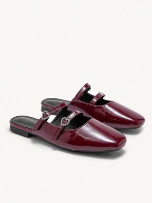 burgundy patent leather slip on shoes with crystal buckle straps