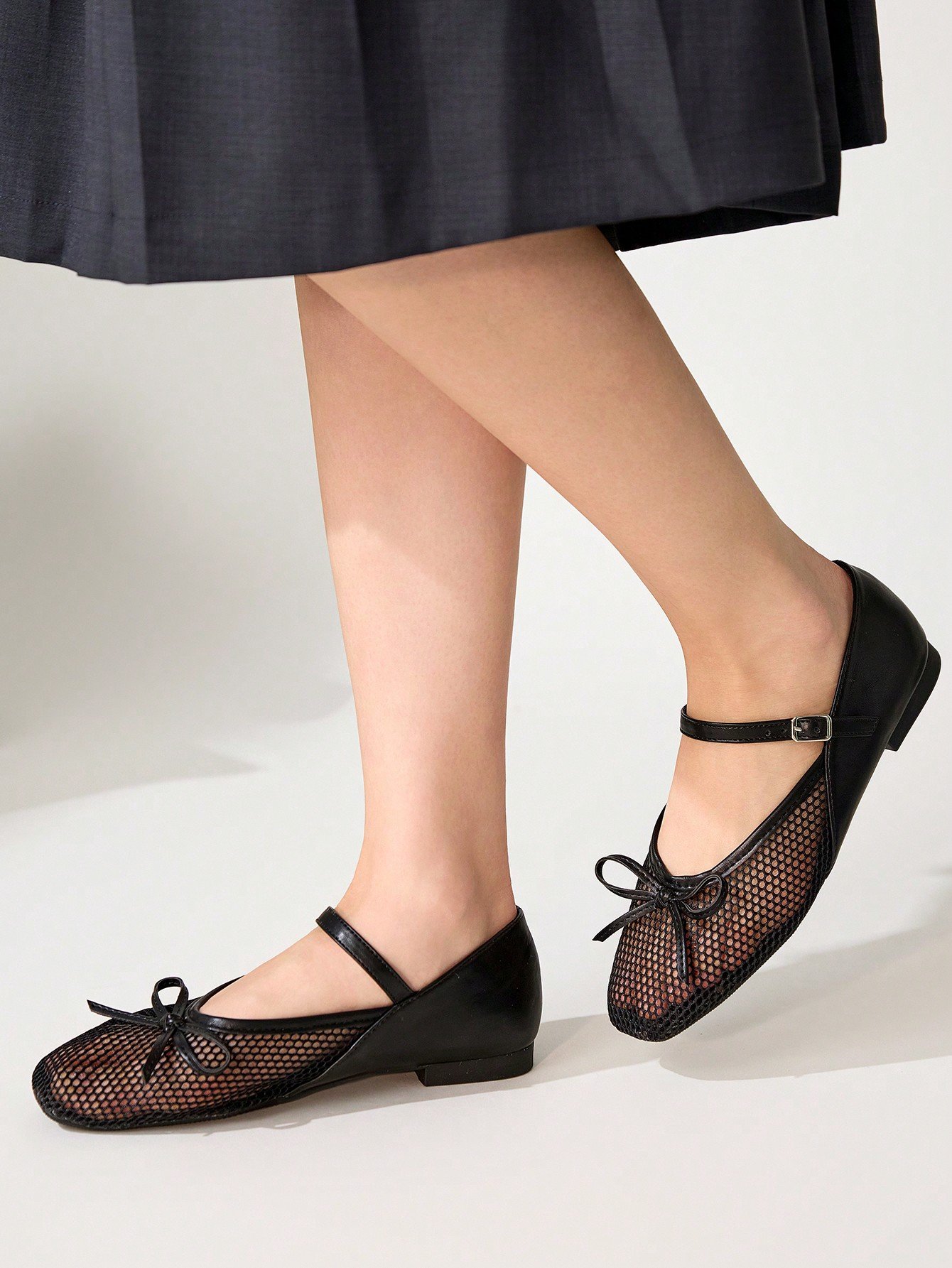breathable mesh mary jane flats with bow & buckle strap breathable mesh mary jane flats with bow & buckle strap