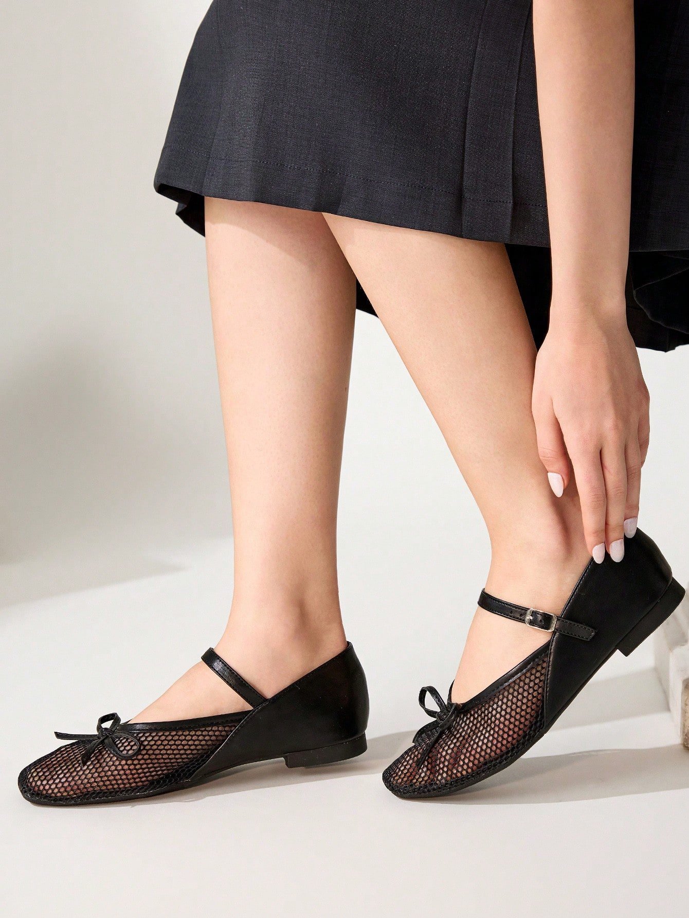 breathable mesh mary jane flats with bow & buckle strap breathable mesh mary jane flats with bow & buckle strap