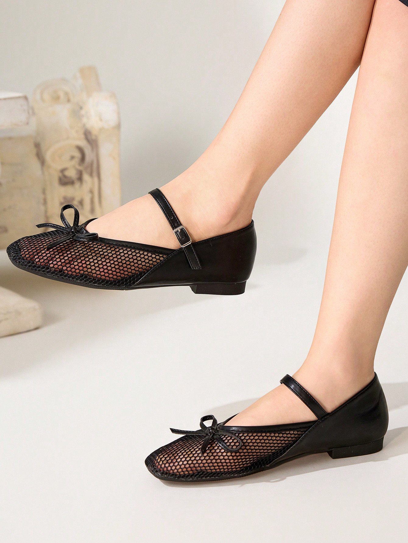 breathable mesh mary jane flats with bow & buckle strap breathable mesh mary jane flats with bow & buckle strap
