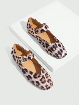 women’s leopard print mary jane flats – round toe buckle strap ballet shoes, casual chic comfort footwear