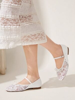 white lace ankle strap ballet flats – elegant everyday & occasion shoes