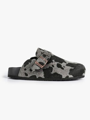 birkenstocks, black and grey striped pattern, casual and comfortable.