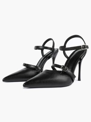 women's black leather double buckle pointed toe stilettos