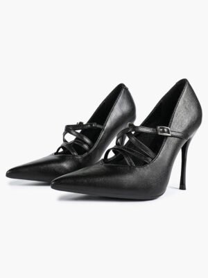 leather multi strap pointed toe stiletto pumps