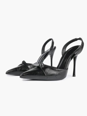 black leather bow slingback pointed toe stiletto heels