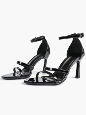 women's black leather triple strap square toe stiletto sandals