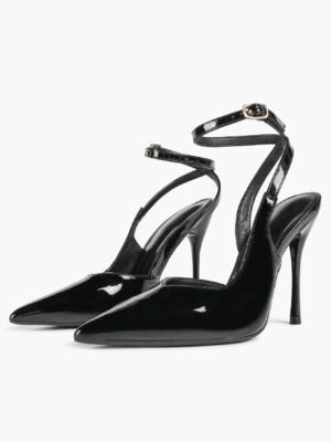 black patent wraparound strap pointed toe stiletto heels | sexy date night, clubwear, party, formal event heels