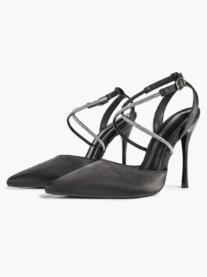 black satin rhinestone crisscross strap pointed toe stiletto heels | party, date night, evening heels