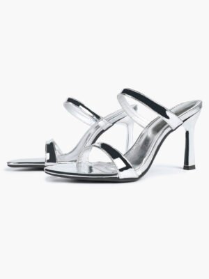 silver metallic strappy square toe stiletto mules |party, clubwear, festival heels