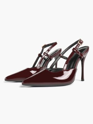 burgundy patent t strap pointed toe stiletto heels
